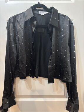 Good American Black Cropped Leather Jacket with Crystal Studs